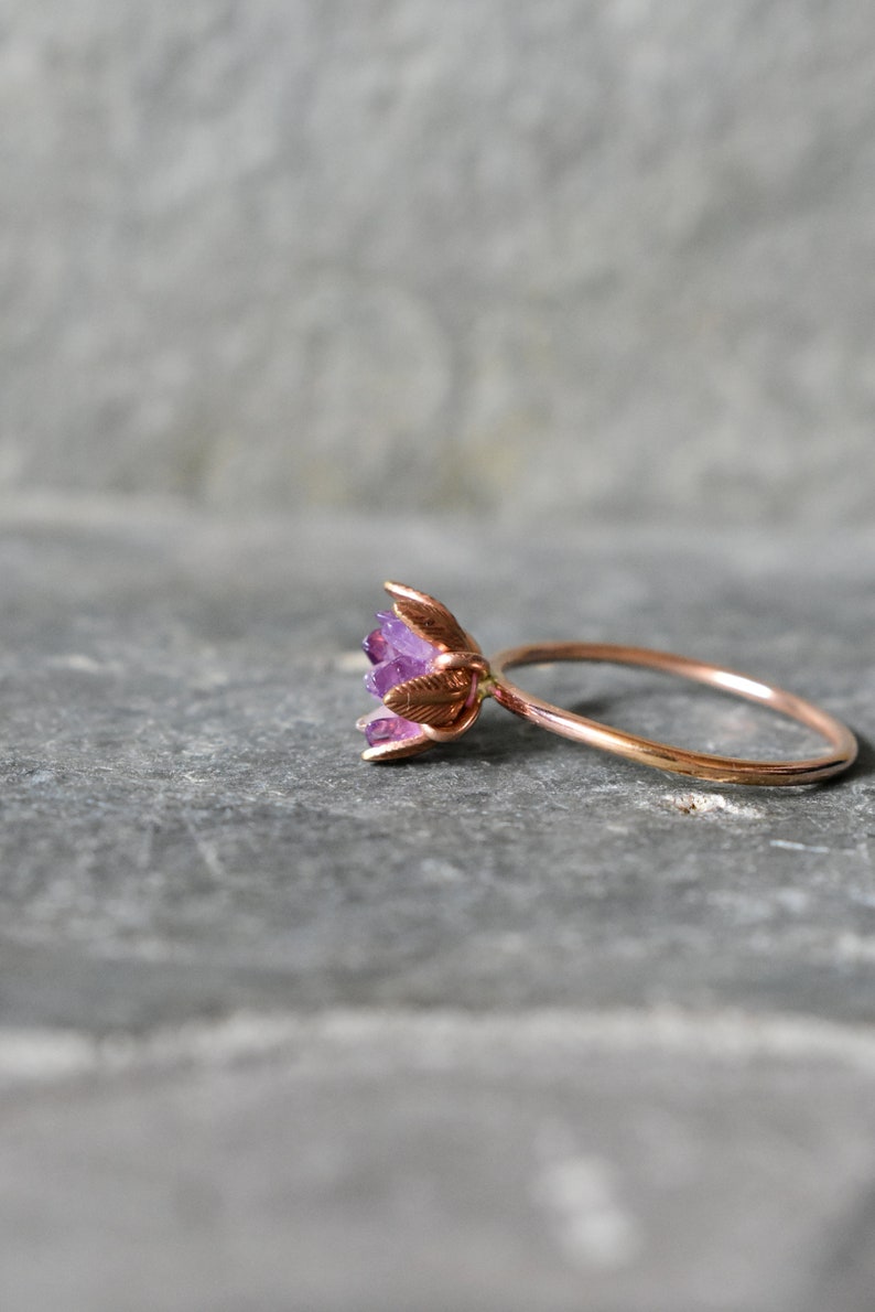 Unique Amethyst Ring, Lotus Flower Ring in Rose Gold, Uncut Gemstone Birthstone Ring, Raw Rough Amethyst Jewelry, January Birthstone Ring image 6