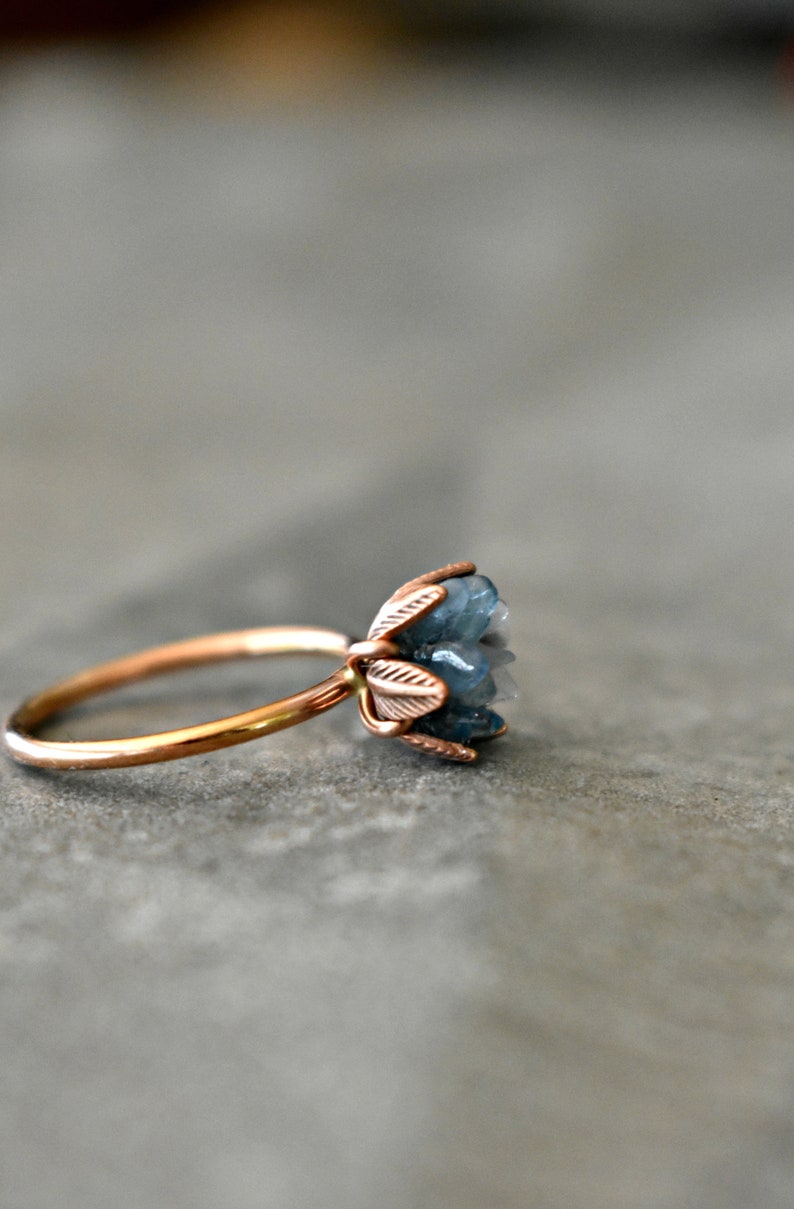 Unique Aquamarine Ring, Lotus Flower Ring in Pink Gold, Uncut Gemstone Birthstone Ring, Raw Rough Aquamarine Jewelry, March Birthstone Ring image 2