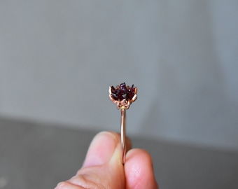 Rough Garnet Ring, Rose Gold and Garnet Ring, 3mm Pipe Cut Rose Gold Fill Band, Lotus Flower Jewelry