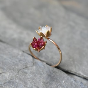 Unique Opal Ring, Lotus Flower Ring & Yellow Gold, Uncut Gemstone Engagement Ring, Red and Pink Rose Floral Ring Women, Custom Mothers Ring image 6