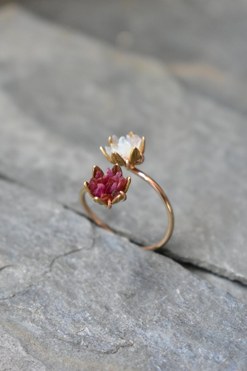 Unique Opal Ring, Lotus Flower Ring & Yellow Gold, Uncut Gemstone Engagement Ring, Red and Pink Rose Floral Ring Women, Custom Mothers Ring image 6