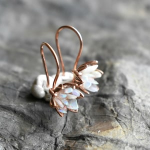 Raw Gemstone Lotus Earrings, Rough Natural Gemstones in 14K Rose Gold Fill French Ear Wire Dangles, Drop Dangle Earrings in Pink Gold Fill