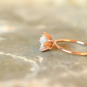 Unique Diamond and 14k Gold Fill Ring, The Best Birthday Ring, Lotus Flower Ring in Rose Gold, Raw Diamond Jewelry, April Birthstone Ring image 6