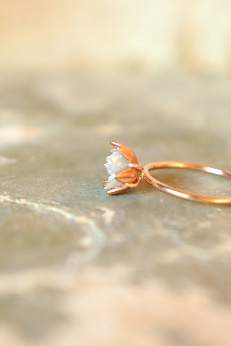 Unique Diamond and 14k Gold Fill Ring, The Best Birthday Ring, Lotus Flower Ring in Rose Gold, Raw Diamond Jewelry, April Birthstone Ring image 6