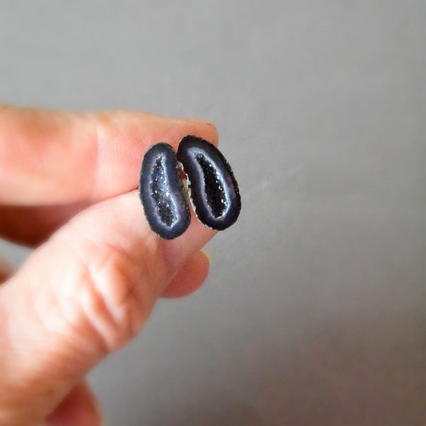 Dark Blue Crystal Studs, Raw Geode Earrings, September Birthday Gift for Women, Rough Stone Jewelry, Trending on Etsy, Valentines for Wife