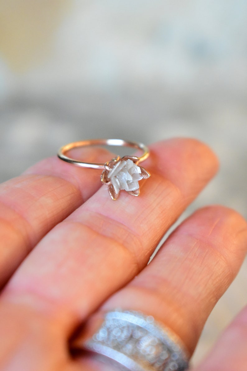 Unique Diamond and 14k Gold Fill Ring, The Best Birthday Ring, Lotus Flower Ring in Rose Gold, Raw Diamond Jewelry, April Birthstone Ring image 5