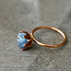Unique Aquamarine Ring, Lotus Flower Ring in Pink Gold, Uncut Gemstone Birthstone Ring, Raw Rough Aquamarine Jewelry, March Birthstone Ring image 7