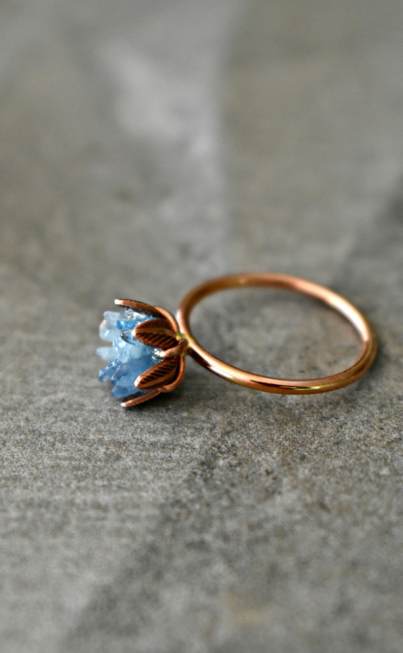 Unique Aquamarine Ring, Lotus Flower Ring in Pink Gold, Uncut Gemstone Birthstone Ring, Raw Rough Aquamarine Jewelry, March Birthstone Ring image 7