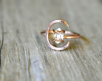 Rose Gold Moon Ring & Flawless Herkimer Diamond, Crescent Moon and Clear Quartz Ring, Rose Gold Half Moon Jewelry for Women, Any Size