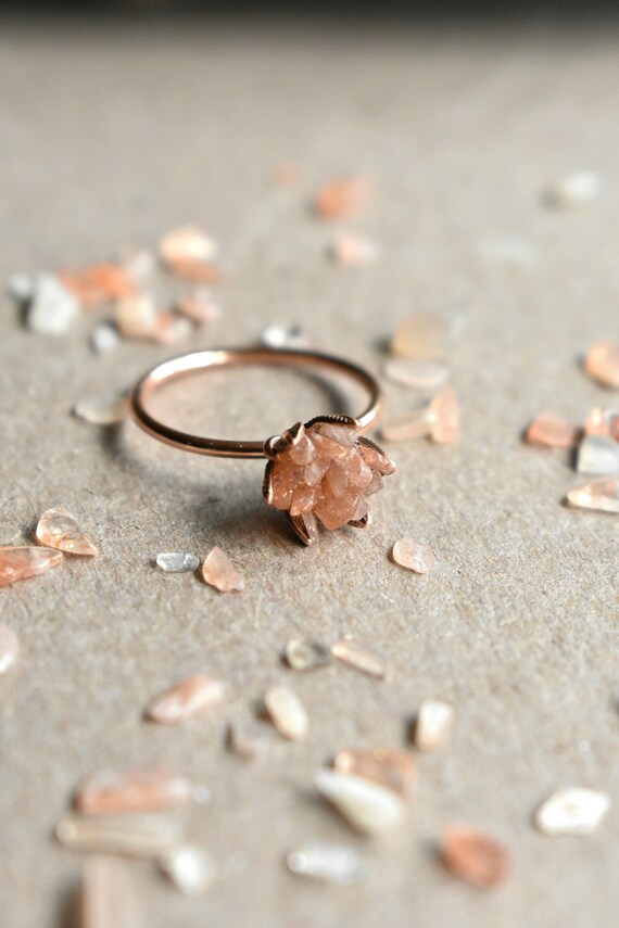 Unique Peach Moonstone Ring Lotus Flower Ring in 14K Rose Gold