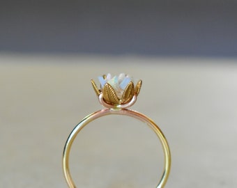 Unique Opal Ring, Lotus Flower Ring in Yellow Gold Fill, Uncut Opal Engagement Ring, Raw Rough Fire Opal Jewelry Women, October Birthstone