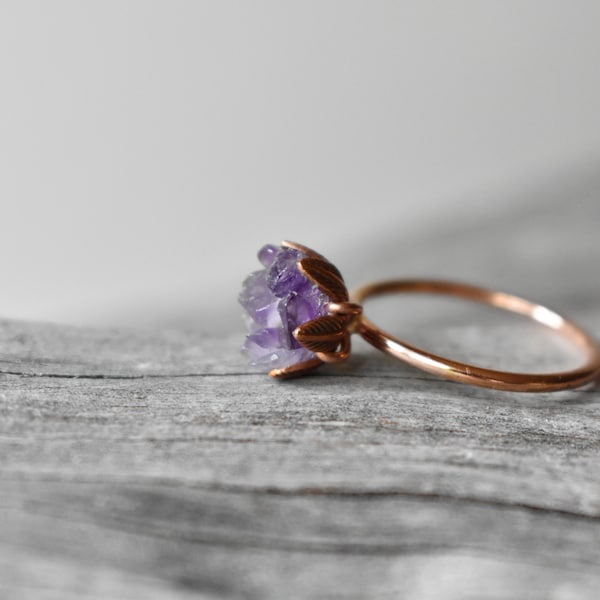 Unique Amethyst Ring, Lotus Flower Ring in Rose Gold, Uncut Gemstone Birthstone Ring, Raw Amethyst Jewelry, January Birthstone Rings