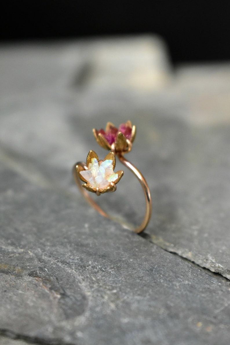 Unique Opal Ring, Lotus Flower Ring & Yellow Gold, Uncut Gemstone Engagement Ring, Red and Pink Rose Floral Ring Women, Custom Mothers Ring image 1