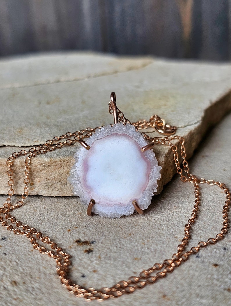 Unique Blush Pink Jewelry, White Pink Quartz Crystal Pendant Necklace in 14K Rose Gold Fill, Pastel Jewelry, Solar Quartz Slice, Christmas image 1