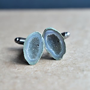 Personalized Father's Day Gift, Graphite Grey Cufflinks for Husband, Light Blue Green Geode Crystal, Luxury Mens French Cuff Suit Jewelry