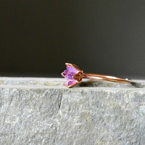 Unique Amethyst Ring, Lotus Flower Ring in Rose Gold, Uncut Gemstone Birthstone Ring, Raw Rough Amethyst Jewelry, January Birthstone Ring image 4