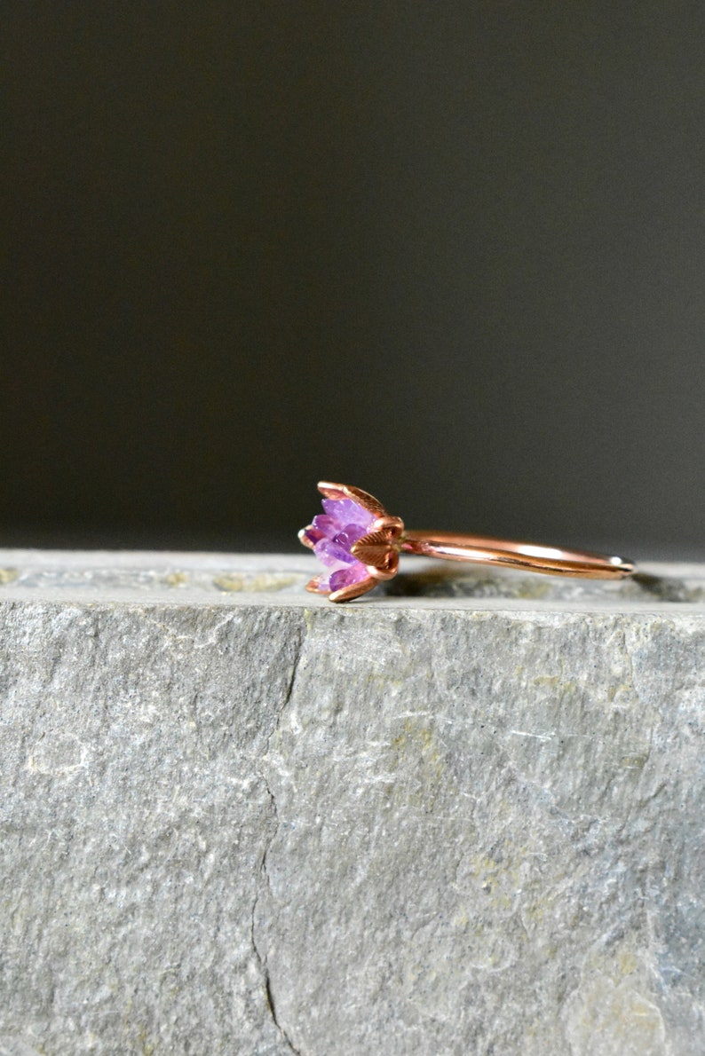 Unique Amethyst Ring, Lotus Flower Ring in Rose Gold, Uncut Gemstone Birthstone Ring, Raw Rough Amethyst Jewelry, January Birthstone Ring image 4