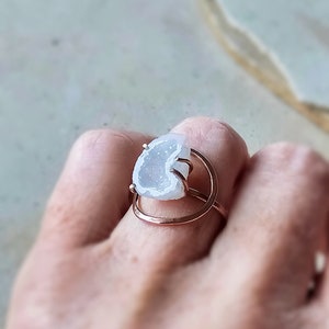 April Birthday White Crescent Moon & Halo, White Geode 14K Rose Gold Fill Ring, Rough Geode Crystal, Unique One of a Kind Cuff Jewelry image 3