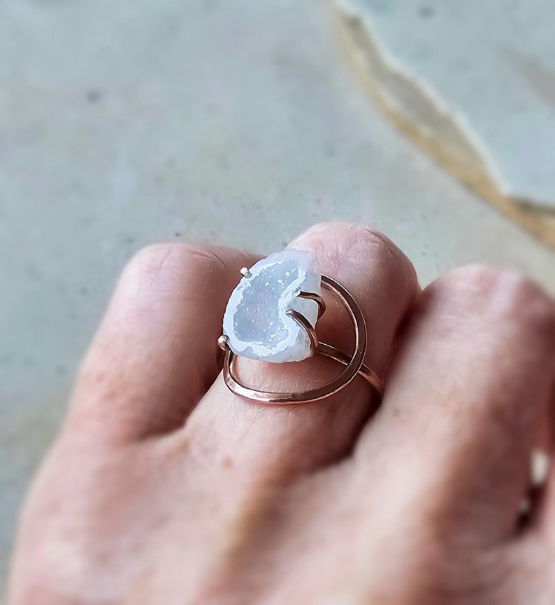 April Birthday White Crescent Moon & Halo, White Geode 14K Rose Gold Fill Ring, Rough Geode Crystal, Unique One of a Kind Cuff Jewelry image 3