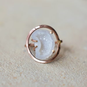 April Birthday White Crescent Moon & Halo, White Geode 14K Rose Gold Fill Ring, Rough Geode Crystal, Unique One of a Kind Cuff Jewelry image 2