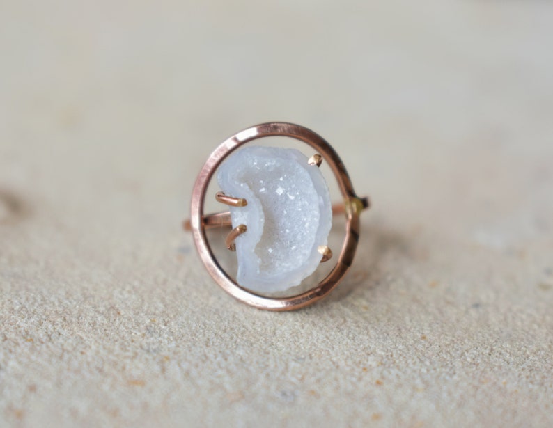 April Birthday White Crescent Moon & Halo, White Geode 14K Rose Gold Fill Ring, Rough Geode Crystal, Unique One of a Kind Cuff Jewelry image 2
