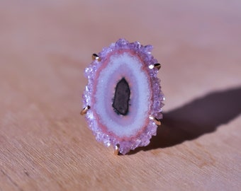 Chunky Amethyst Crystal Statement Ring, Solar Quartz/Stalactite Crystal Slice with Purple Pink White in 14K Yellow Gold Fill, Size 6.5