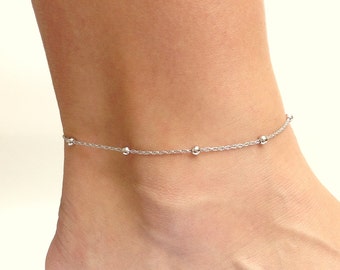 Chain Anklet, Silver Ankle Bracelet, Foot Bracelet, Dainty Silver Bracelet, Stacking Anklet, Simple Beaded Anklet, 11 and 12 Inch Anklet
