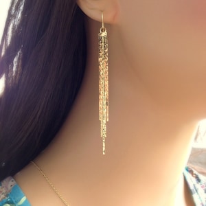 Long Gold Chain Earrings, Tassel Dangle Earrings, Dainty Lightweight Statement Earrings, Gift for Her for Prom or Special Occasion