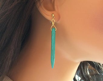 Turquoise Clip On Earrings, Turquoise Dangle Earrings, Turquoise Gemstone Earrings, Invisible Clip On Earrings for Non Pierced Ears