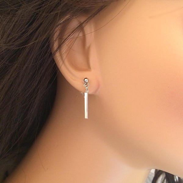 Silver Clip On Earrings Dangle for Sensitive Ears, Slim Bar, Small Modern Invisible Clip, Short Petite Minimalist, Everyday Jewelry