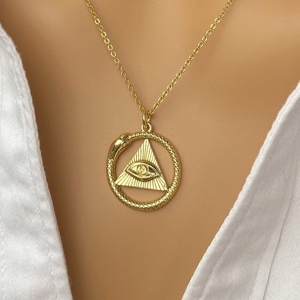 Gold Ouroboros Necklace, All Seeing Eye, Women's Protective Snake Necklace, Mystic Serpent Jewelry, Symbolic Spiritual Infinity Ouroboros