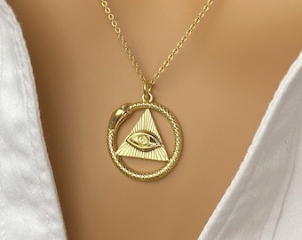 Gold Ouroboros Necklace, All Seeing Eye, Women's Protective Snake Necklace, Mystic Serpent Jewelry, Symbolic Spiritual Infinity Ouroboros