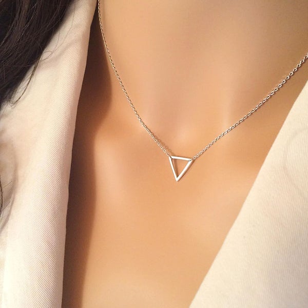 Silver Triangle Necklace, Simple Triangle Choker Necklace, Dainty Open Geometric Necklace, Minimal Small Layering Gold or Silver Necklace