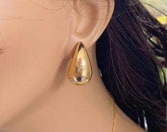 Teardrop Stud c-shaped Earrings, Puffy Gold Dome Drop Hoops, Affordable Popular Jewelry, Polished Chunky Water Droplet Post Earrings Large