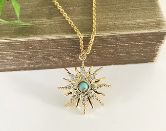 Goldene Sonnenkette mit türkisfarbenem Stein, Sunburst-Halskette, Sonnenstrahl-Halskette, himmlischer Schmuck, Solar-Positivitätsenergie, Balsam-Design