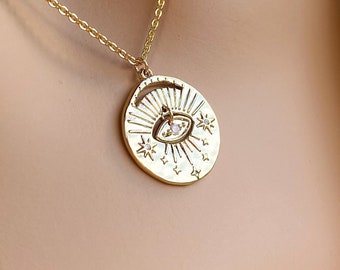 Gold Sunshine Necklace with Evil Eye, Sun Medallion Pendant, Layering Women's Gold Necklace, Summer Protection Jewelry Gift, Solar Astrology