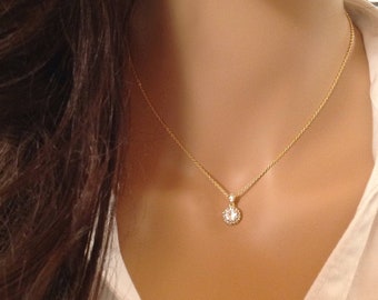 Collana da sposa semplice, collana con zirconi cubici per matrimonio, collana per damigella d'onore junior, collana girocollo con diamanti zirconi cubici, semplice ciondolo rotondo regalo di Natale