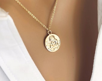 Angel Medallion Layering Necklace, Guardian Angel Cupid Necklace, Gold Coin Necklace, Valentines Girlfriend Gift, Small Angel Necklace