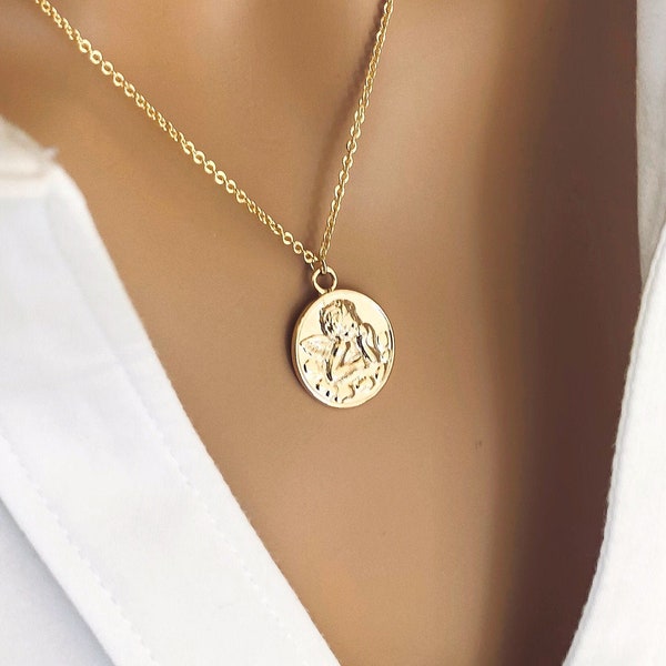 Angel Medallion Layering Necklace, Guardian Angel Cupid Necklace, Gold Coin Necklace, Valentines Girlfriend Gift, Small Angel Necklace