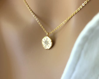 Gold North Star Necklace, Small Medallion Necklace, Graduation Gift, Star Compass Necklace, Mindfulness Guiding Star, Self Love Friendship