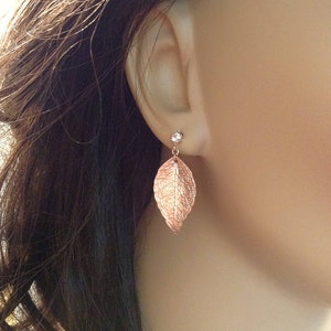 Rose Gold Leaf Earrings: Autumn Bridal Jewelry, Cubic Zirconia Posts