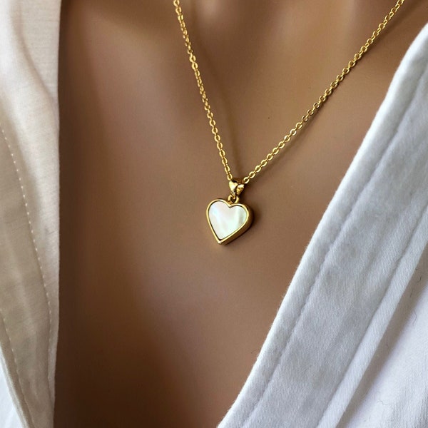Mother of Pearl Heart Necklace, Small Gold Heart Necklace, Minimalist Layered Necklace, Gift Idea for Girlfriend Mom or Daughter