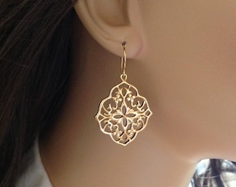 Gold Moroccan Statement Earrings, Gold Lace Earrings, Lightweight Large Earrings, Moroccan Filigree Earrings, Modern Large Earrings