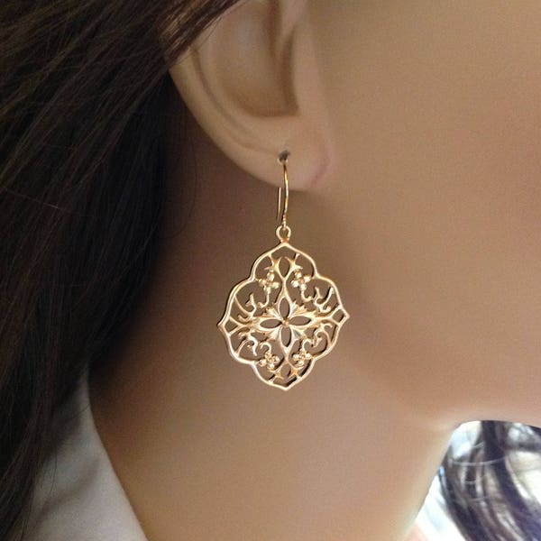 Gold Moroccan Statement Earrings, Gold Lace Earrings, Lightweight Large Earrings, Moroccan Filigree Earrings, Modern Large Earrings