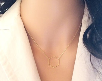 Dainty Hexagon Necklace, Delicate Minimalist Necklace, Simple Pendant Choker Hexagon Necklce, Harmony and Balance Symbolism, Gold or Silver