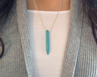 Long Turquoise Pendant Necklace with Vertical Bar, Turquoise Solitaire Gemstone Necklace, Gold Casual Layering Necklace, Spiritual Jewelry