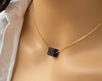 Short Black Lava Stone Necklace, Symbolic Geometric Cube Necklace, Classic Minimalist Layering Jewelry for Everyday Wear, Simple Pendant