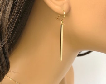 Long Bar Earrings, Gold Stick Earrings, Simple Earring Gift, Dangle Sleek Bar Drop Earrings, Dainty Gold or Silver Dangle Earrings