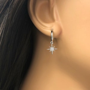 Sterling Silver Huggie Earrings with Star Charm, Star Hoop Earrings, Small Hoop Earrings, Dangling Star From Hoop, Fun Earrings for Summer