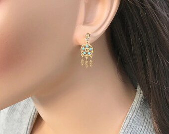 Charm Clip on Earrings for Women, Dream Catcher Dangle, Non Pierced Fun Turquoise Earrings, Small Gold Earrings with Feather, Free Spirit